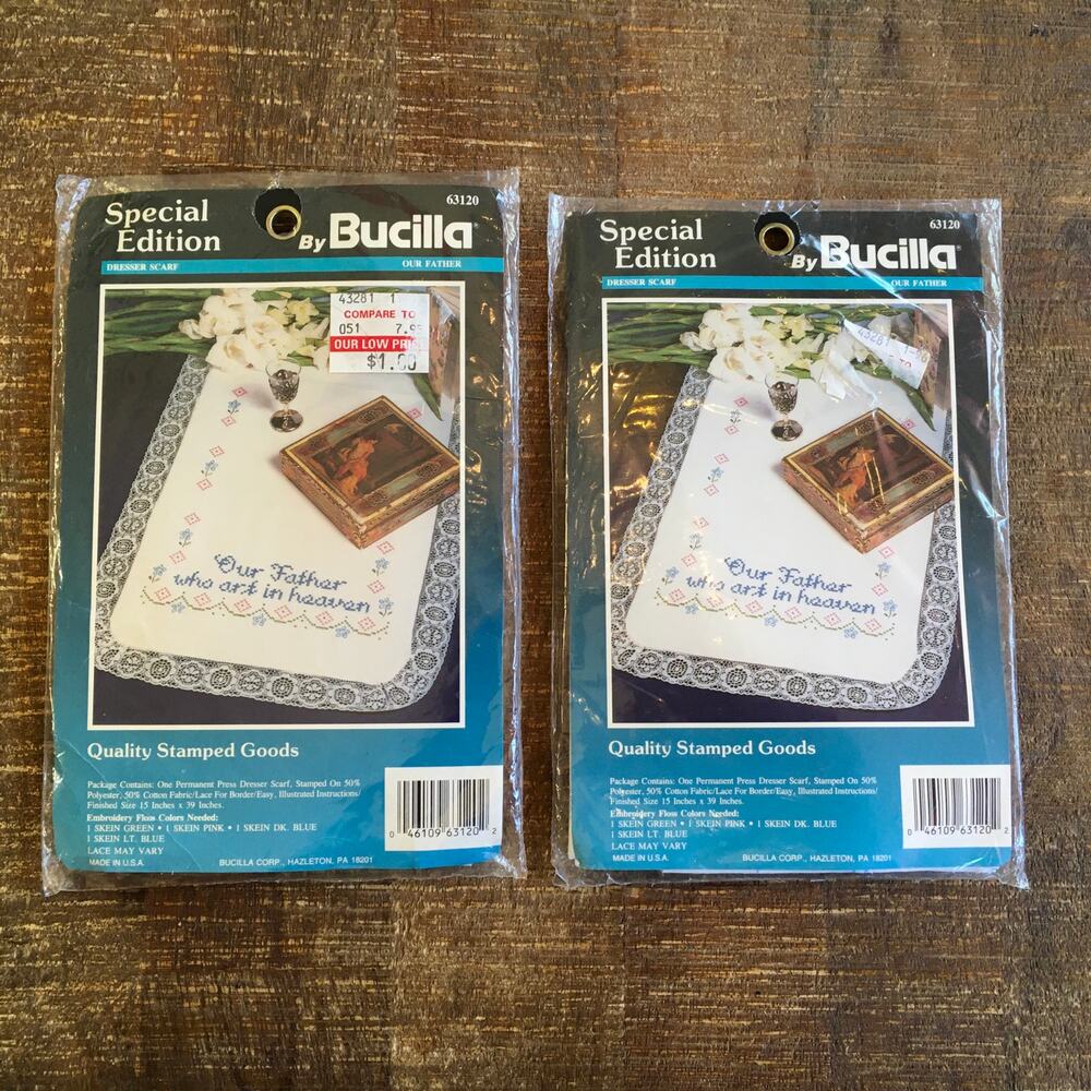 *Lot of 2* Bucilla Our Father Dresser Table Scarf 15x39" Stamped Embroidery Kit